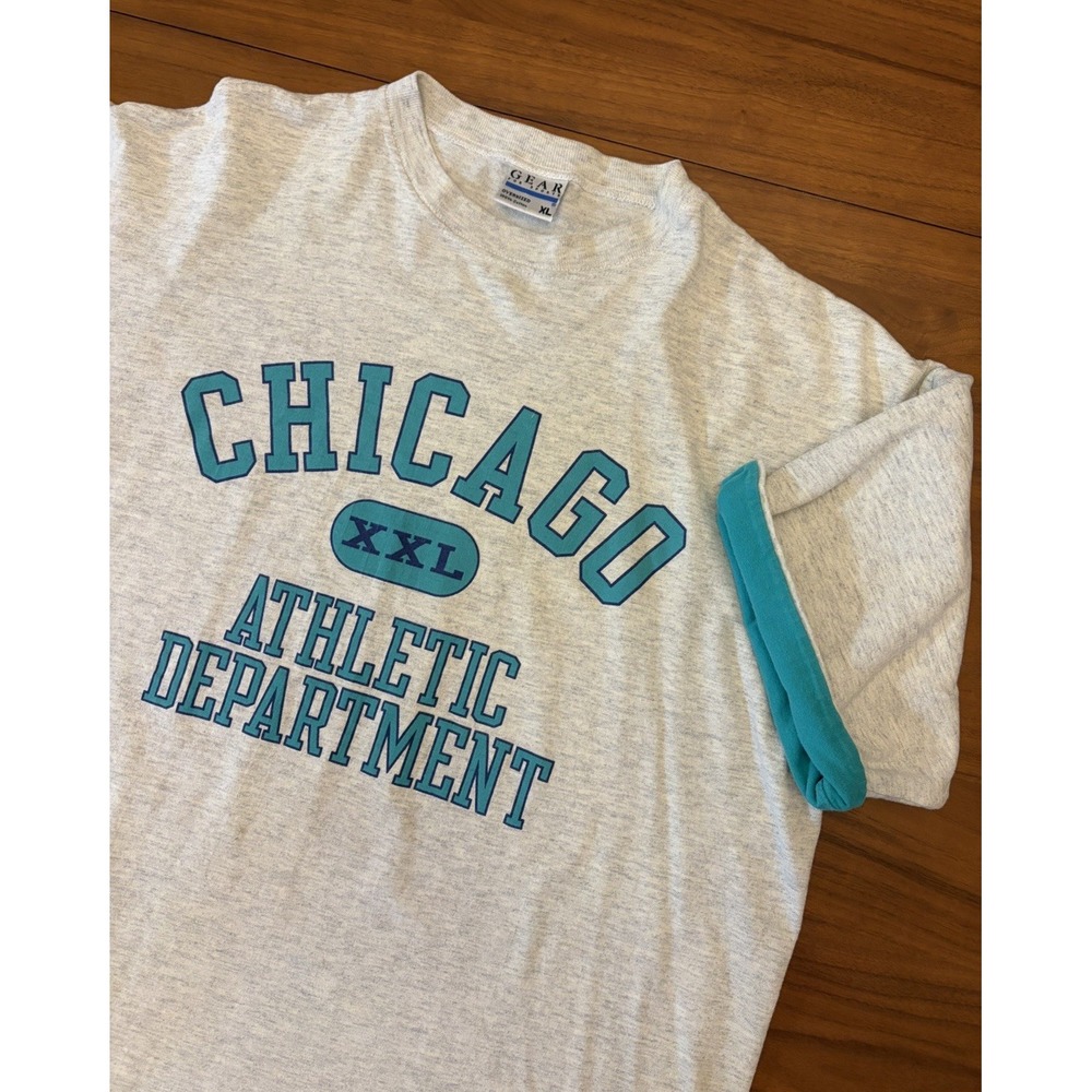 Vintage Chicago Athletic Department Shirt Mens XL Gray Teal Cotton USA Made 90s